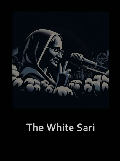 Text The White Sari on dark background with woman in sari speaking into microphone